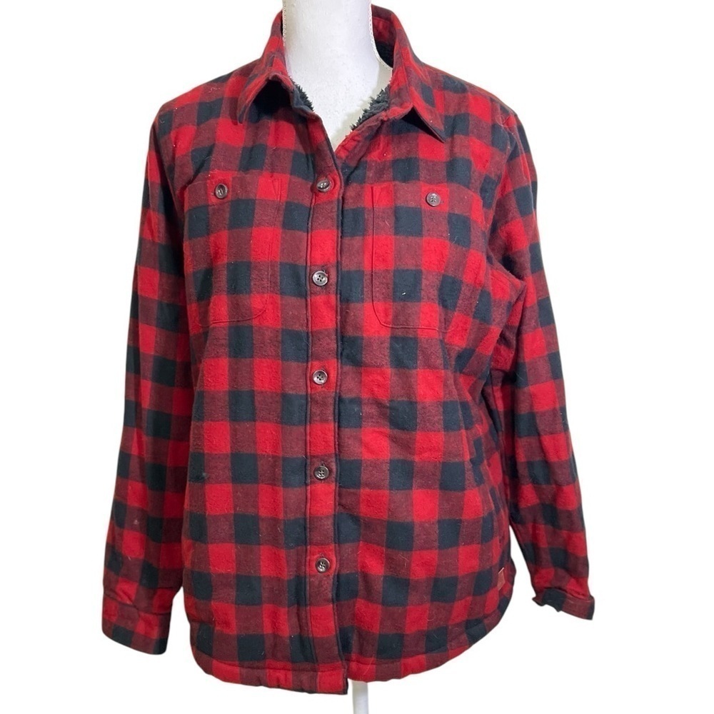 LL Bean Scotch Plaid Shirt Women's MP Relaxed Fit Black Red Flannel Sherpa Lined